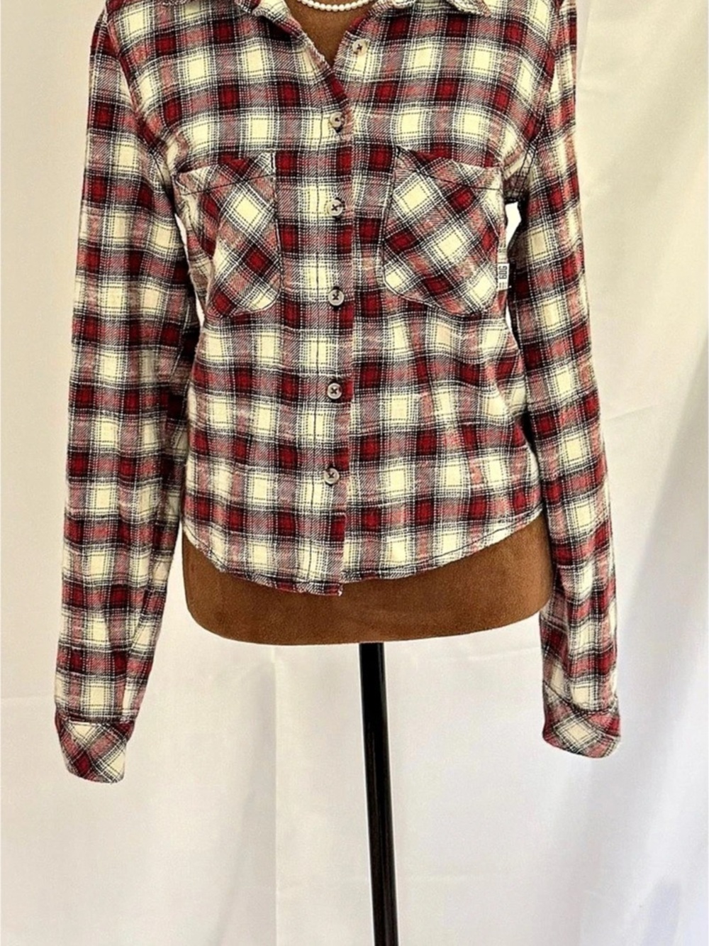 BDG Cropped Plaid Flannel Shirt Red & Cream Large
